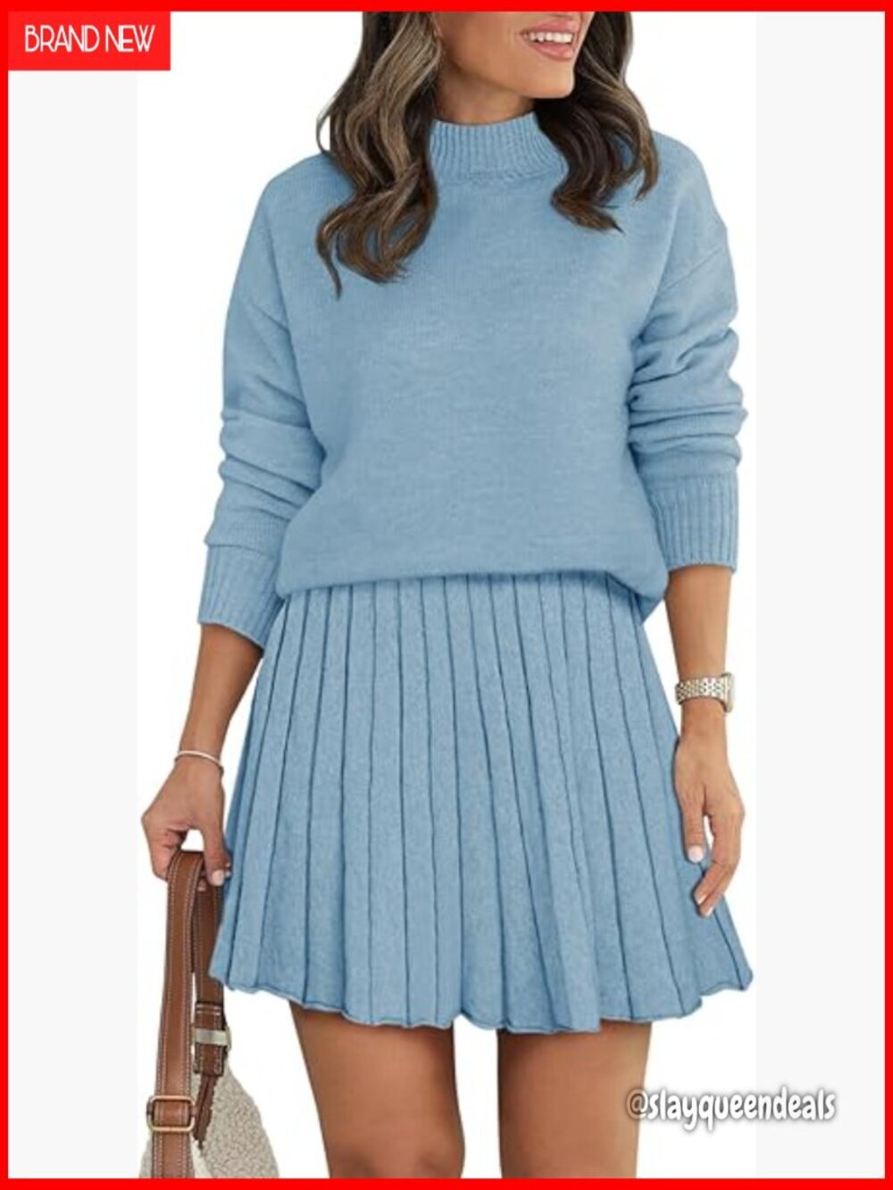 Long Sleeve Turtleneck Sweater Pleated Mini Skirt Set Size X-Large